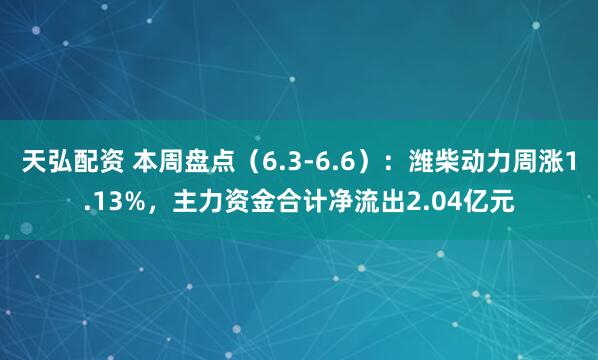 天弘配资 本周盘点（6.3-6.6）：潍柴动力周涨1.13%，主力资金合计净流出2.04亿元